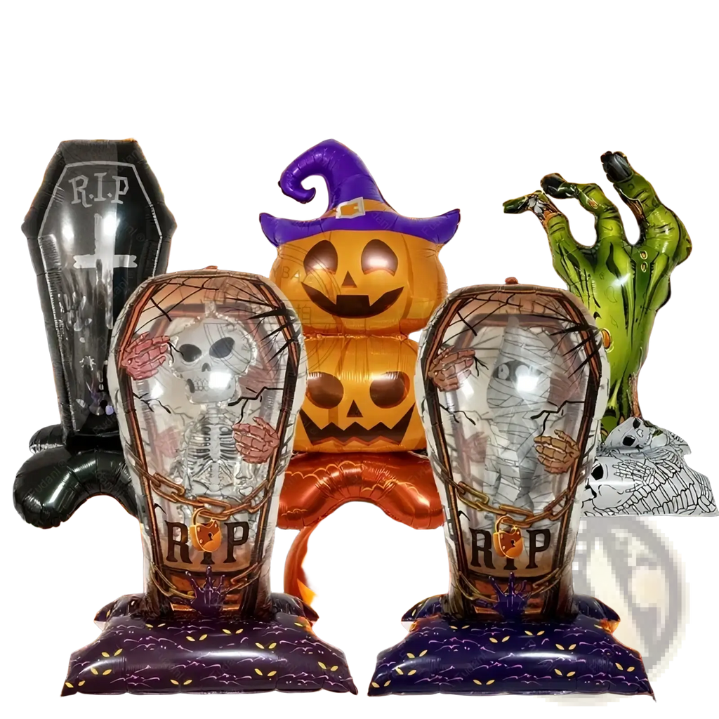 Giant halloween standing foil balloon party decor featuring inflatable coffin-shaped designs with skeleton and mummy inside transparent mesh fronts