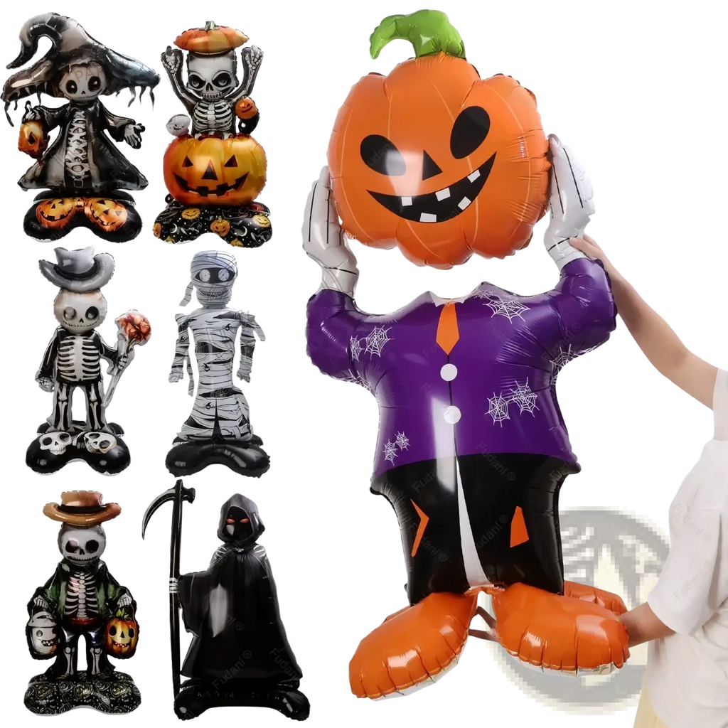 Giant Halloween standing foil balloon shaped like an orange pumpkin with smiling face green stem and purple spiderweb jacket