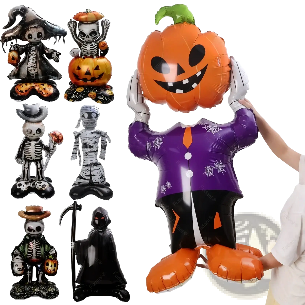 Giant Halloween standing foil balloon shaped like an orange pumpkin with smiling face green stem and purple spiderweb jacket