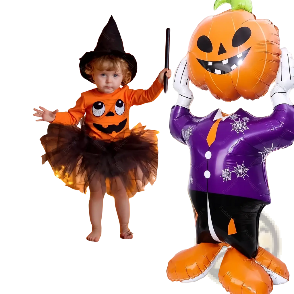 Giant halloween standing foil balloon of an orange pumpkin with black eyes wearing a purple spiderweb suit for party decor