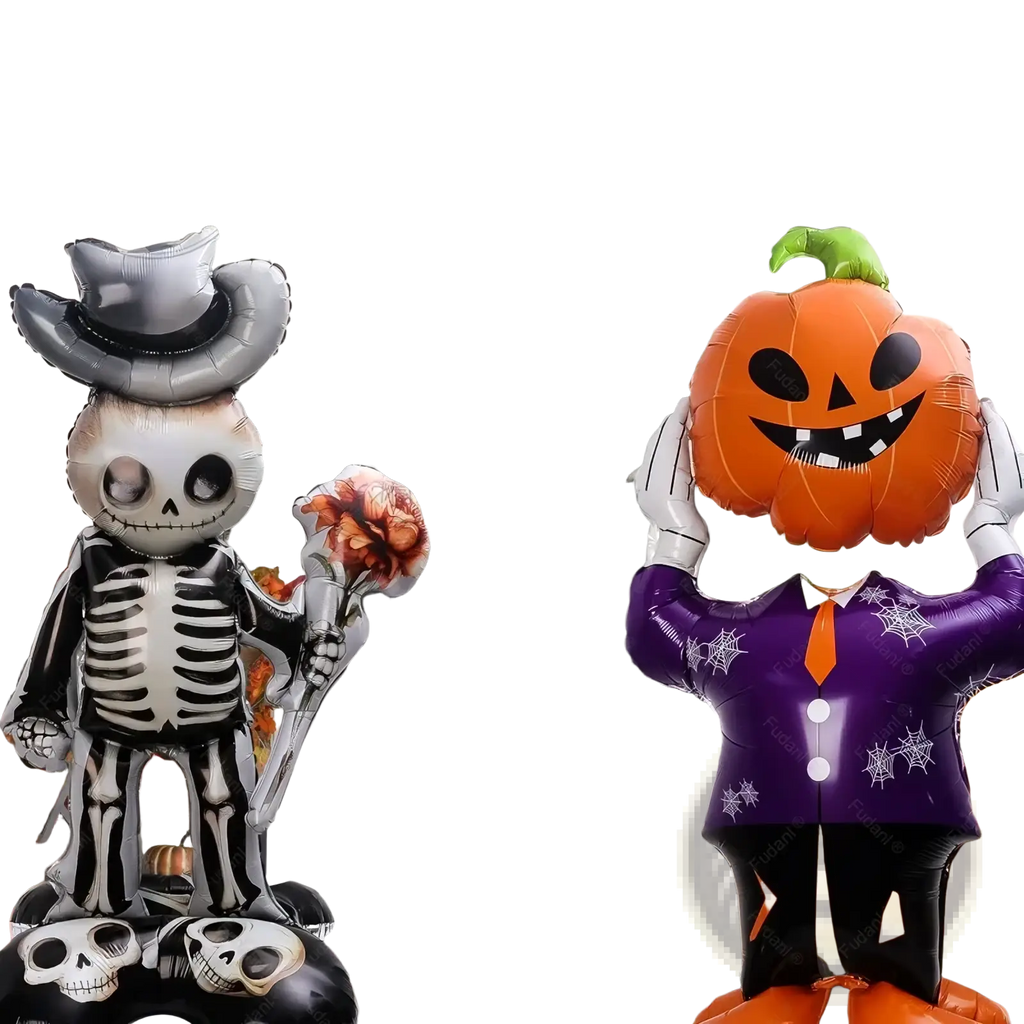 Giant halloween standing foil balloon shaped like an orange pumpkin with a smiling face wearing a purple spiderweb suit and orange tie