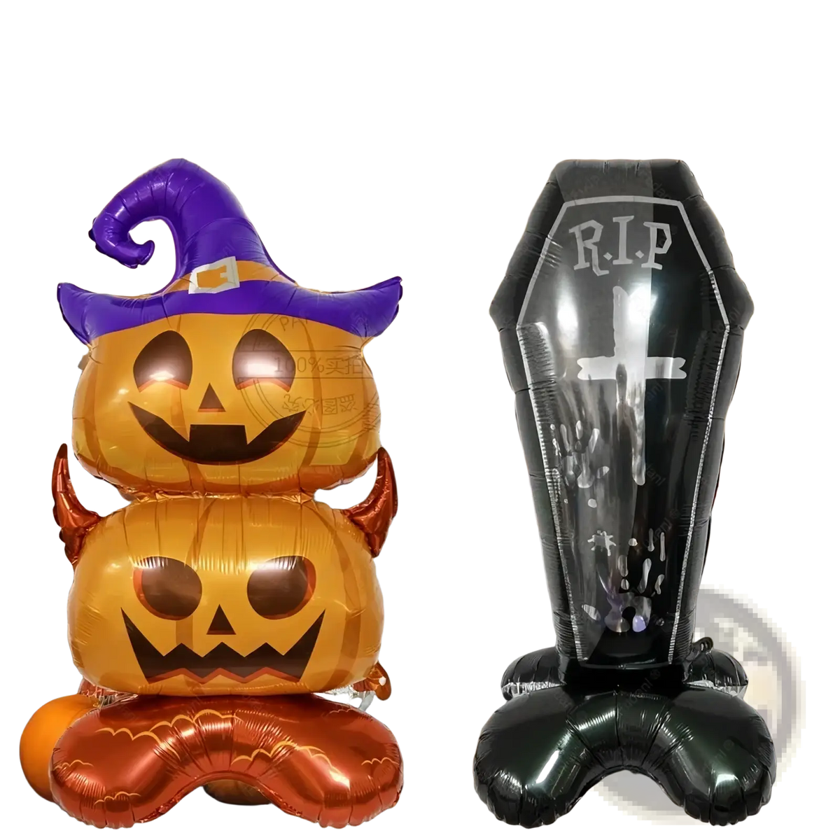 Giant halloween standing foil balloon party decor featuring a purple witch hat pumpkin, orange jack-o-lantern with devil horns, and black r.i.p. coffin balloon