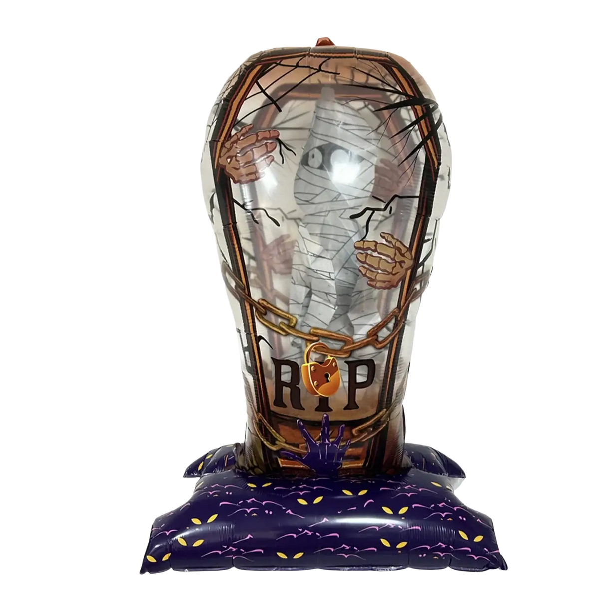 Giant Halloween standing transparent foil coffin balloon with mummified figure and black crackling vines party decor