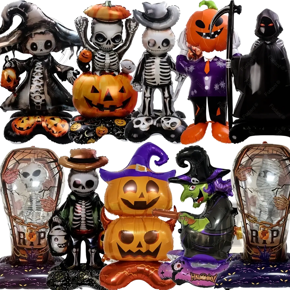 Giant halloween standing foil balloon party decor featuring inflatable skeletons pumpkins witches and grim reaper in black orange purple and silver