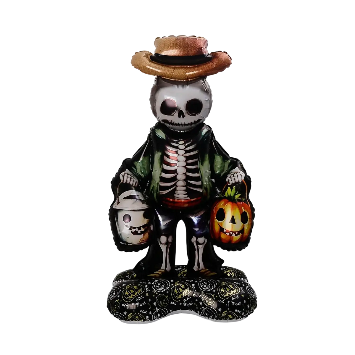 Giant halloween standing foil balloon of a skeleton wearing a brown hat and green jacket holding two pumpkins