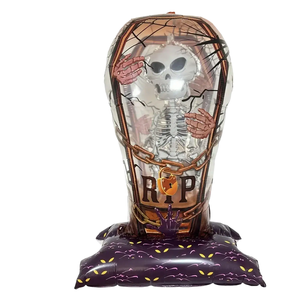 Giant halloween standing foil balloon party decor featuring a transparent coffin with skeleton, chains, and purple base