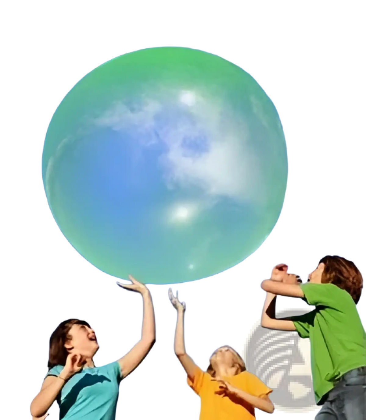 A giant translucent green inflatable bubble ball made of TPR floating in a bright blue sky