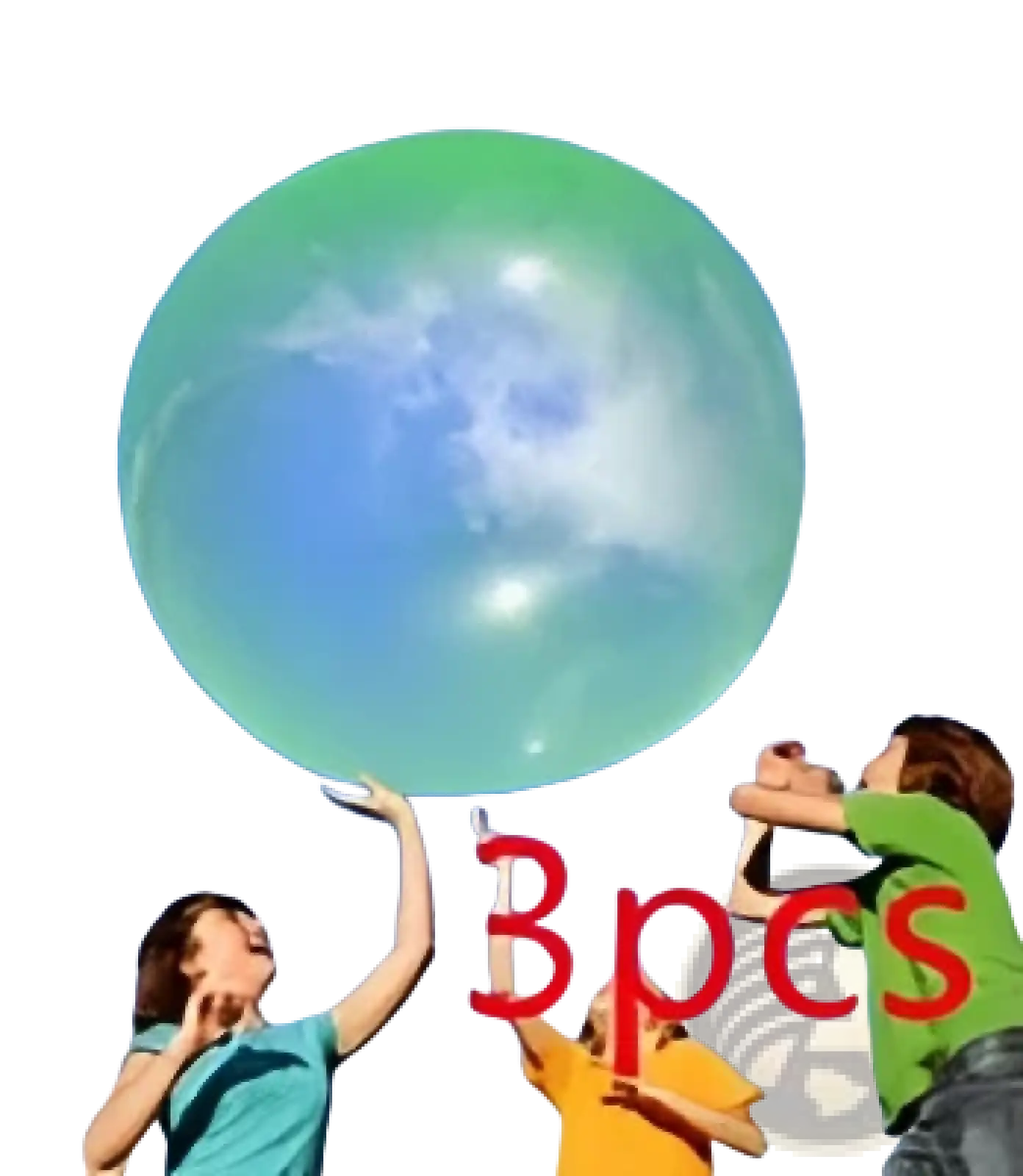 A translucent green giant inflatable bubble ball made of tpr floating in a blue sky for bouncy water balloon use