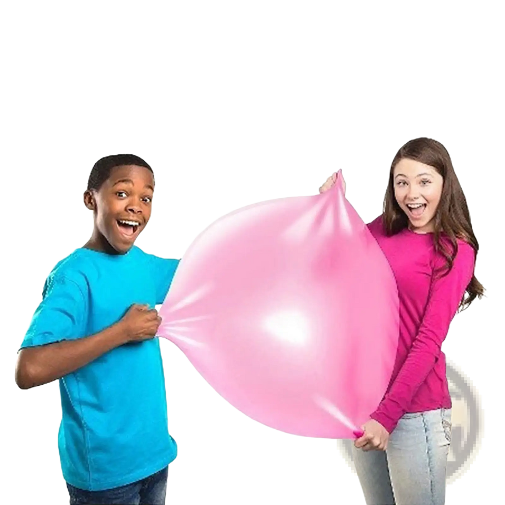 Two children holding a large vibrant pink giant inflatable bubble ball made of tpr for bouncy water balloon fun