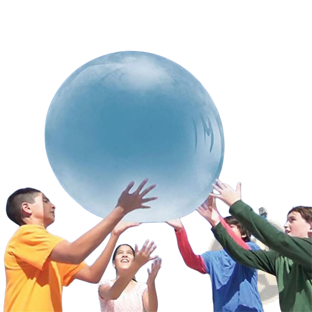 A translucent light blue giant inflatable bubble ball made of TPR floating against a clear sky