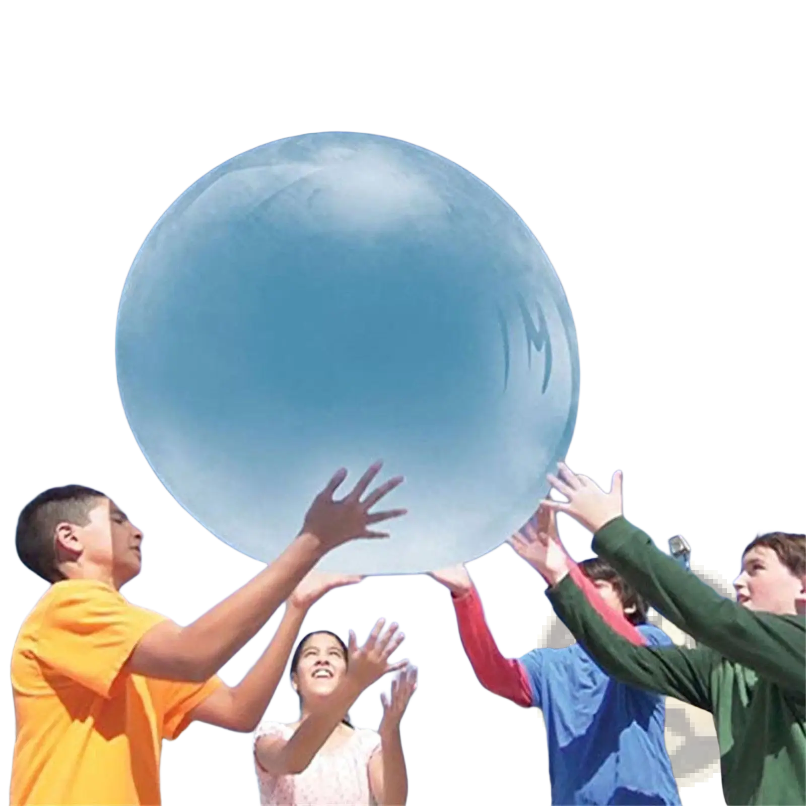 A translucent light blue giant inflatable bubble ball made of TPR floating against a clear sky