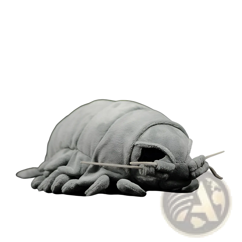 Gray plush giant isopod toy with segmented body and multiple legs resembling a realistic crustacean