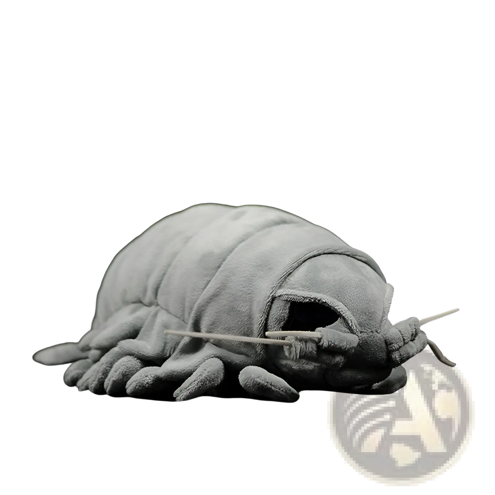 Gray plush giant isopod toy with segmented body and multiple legs resembling a realistic crustacean