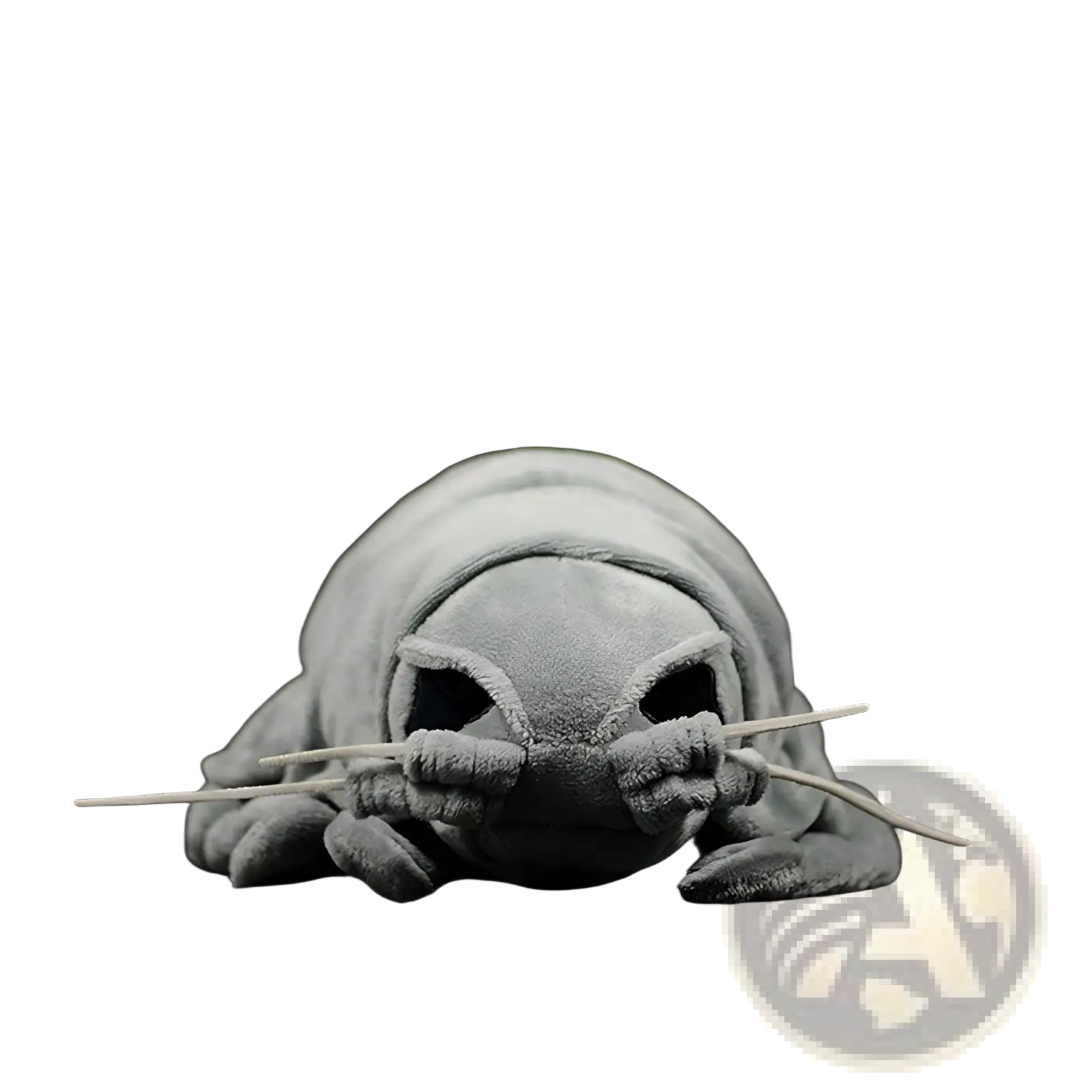 A soft gray plush toy resembling a giant isopod crustacean with a segmented body and long antennae