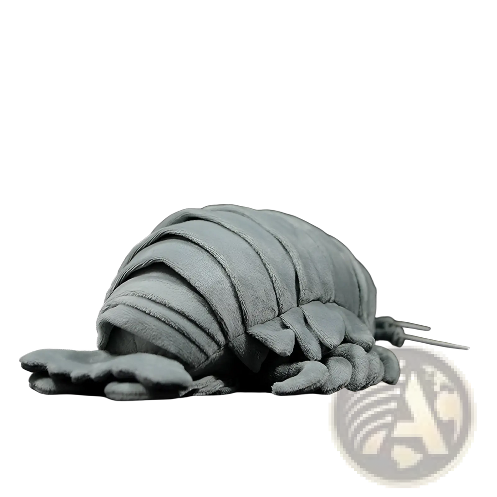 Giant isopod realistic gray crustacean plush toy with segmented body and detailed appendages resembling a trilobite