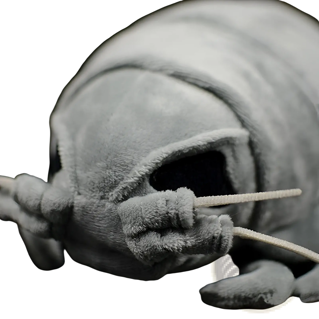 A soft gray plush toy resembling a giant isopod with textured fabric and detailed appendages