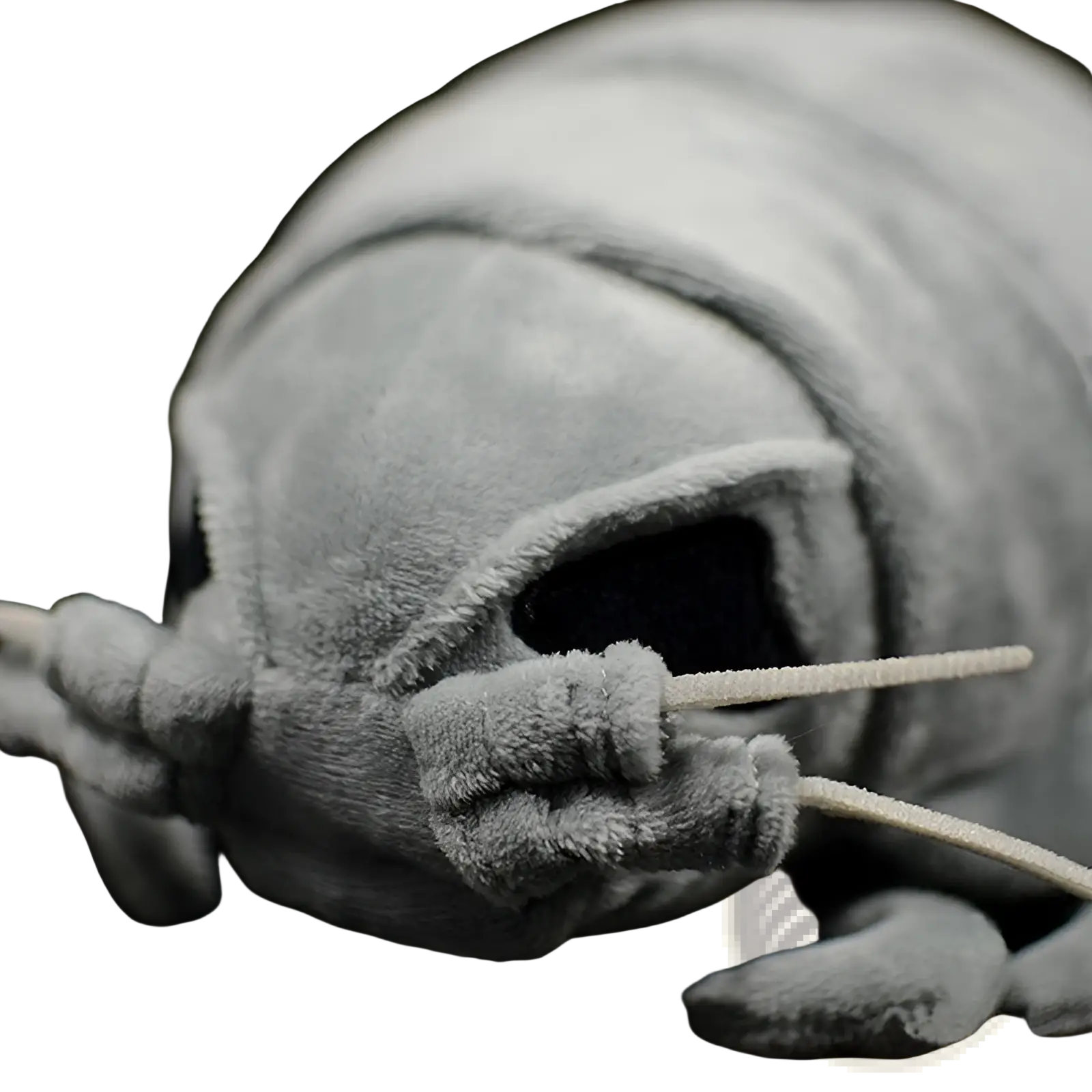 A soft gray plush toy resembling a giant isopod with textured fabric and detailed appendages
