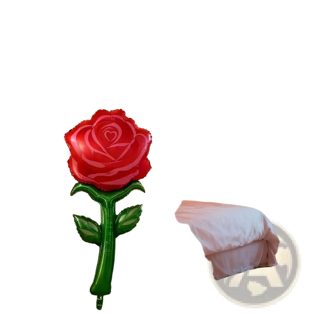 A vibrant red giant metallic rose balloon flower decoration with glossy finish and green stem standing upright by a bed