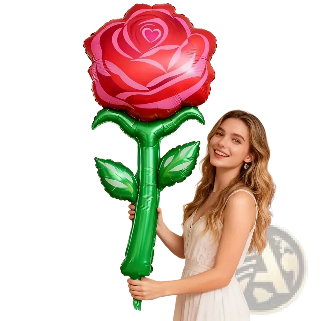Giant metallic rose balloon flower party decoration in vibrant red and pink with glossy finish green stem and leaves