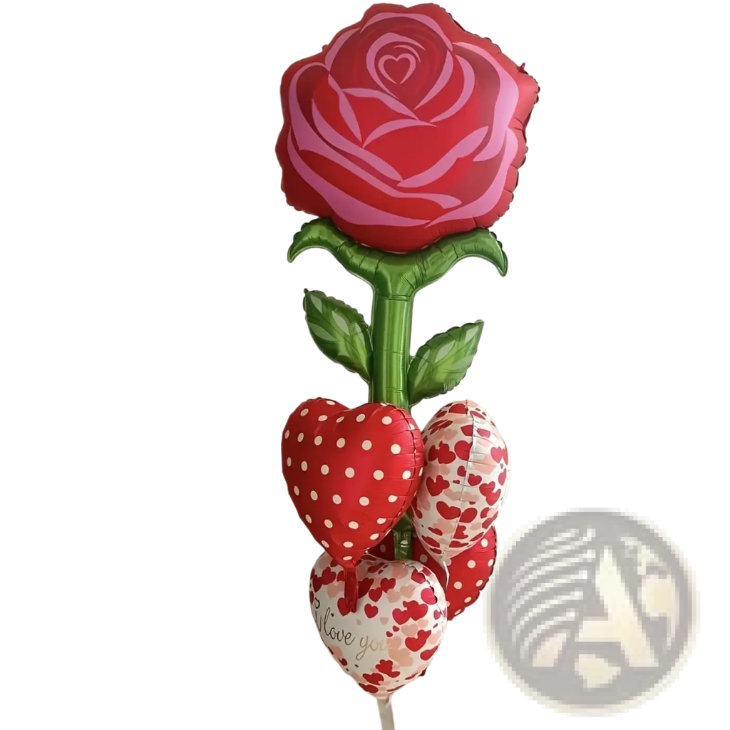 Giant metallic rose balloon flower party decoration featuring a vibrant red and pink rose balloon with green stem and heart balloons