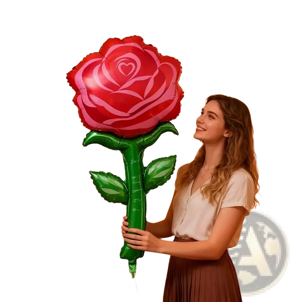 A giant metallic rose balloon flower party decoration in vibrant red and pink with a green foil stem and leaves