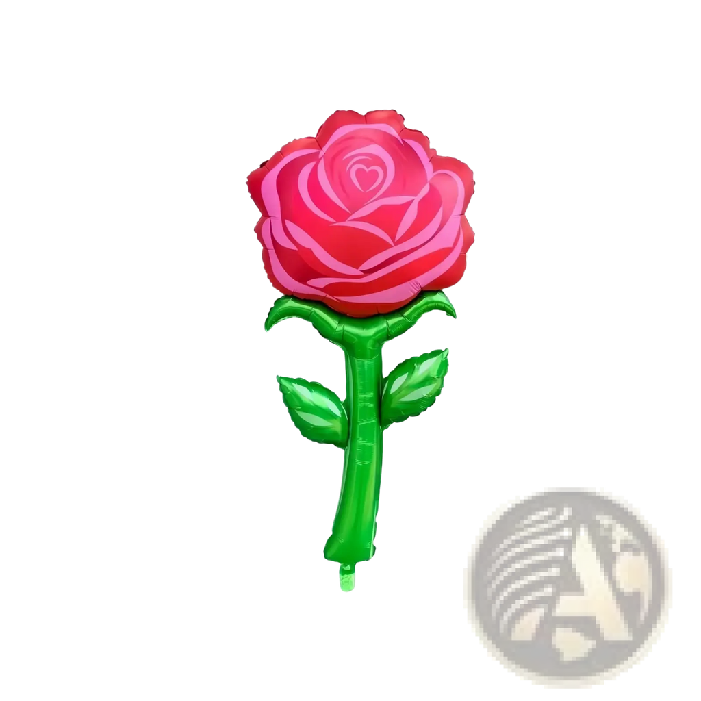 A giant metallic rose balloon flower party decoration with vibrant pink petals and glossy green stem and leaves