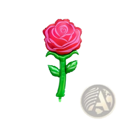 A giant metallic rose balloon flower party decoration with vibrant pink petals and glossy green stem and leaves