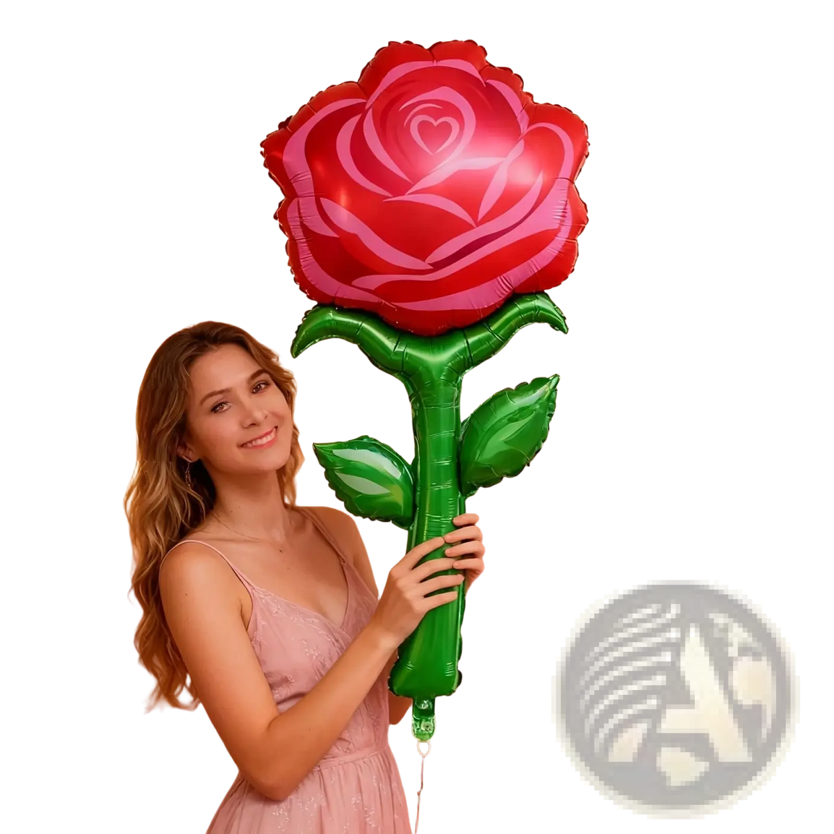 A giant metallic rose balloon flower party decoration in shiny red and green with a heart design in the center