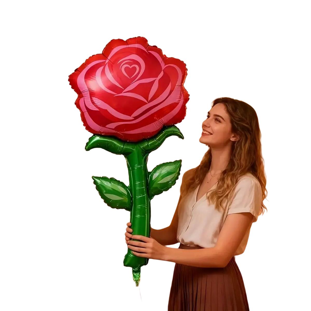 A giant metallic rose balloon flower party decoration in vibrant red and pink with a green foil stem and leaves