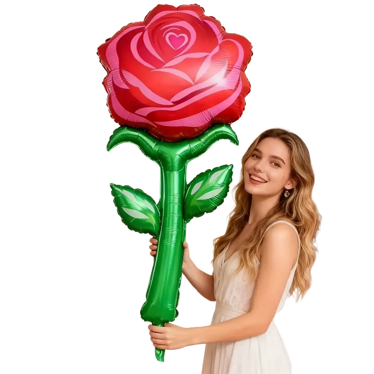 A vibrant red and pink giant metallic rose balloon with glossy finish green stem and leaves for party decoration