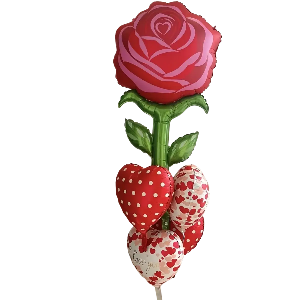 Giant metallic rose balloon flower party decoration featuring a vibrant red and pink rose balloon with green stem and heart balloons