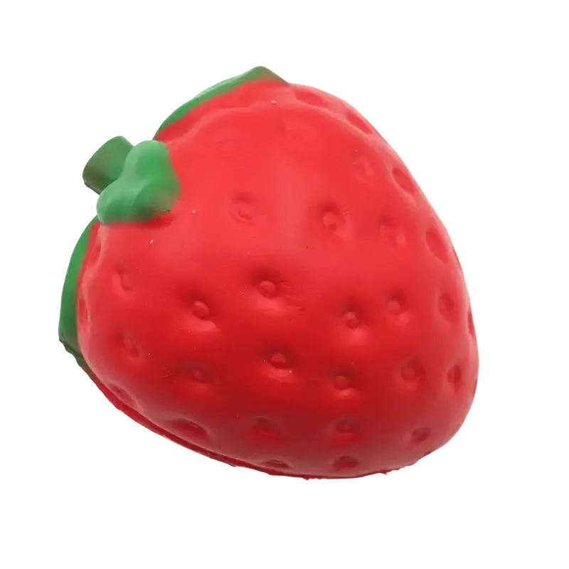 Red strawberry-shaped silicone slow rising squishy stress relief toy with green leafy top for relaxation and stress relief
