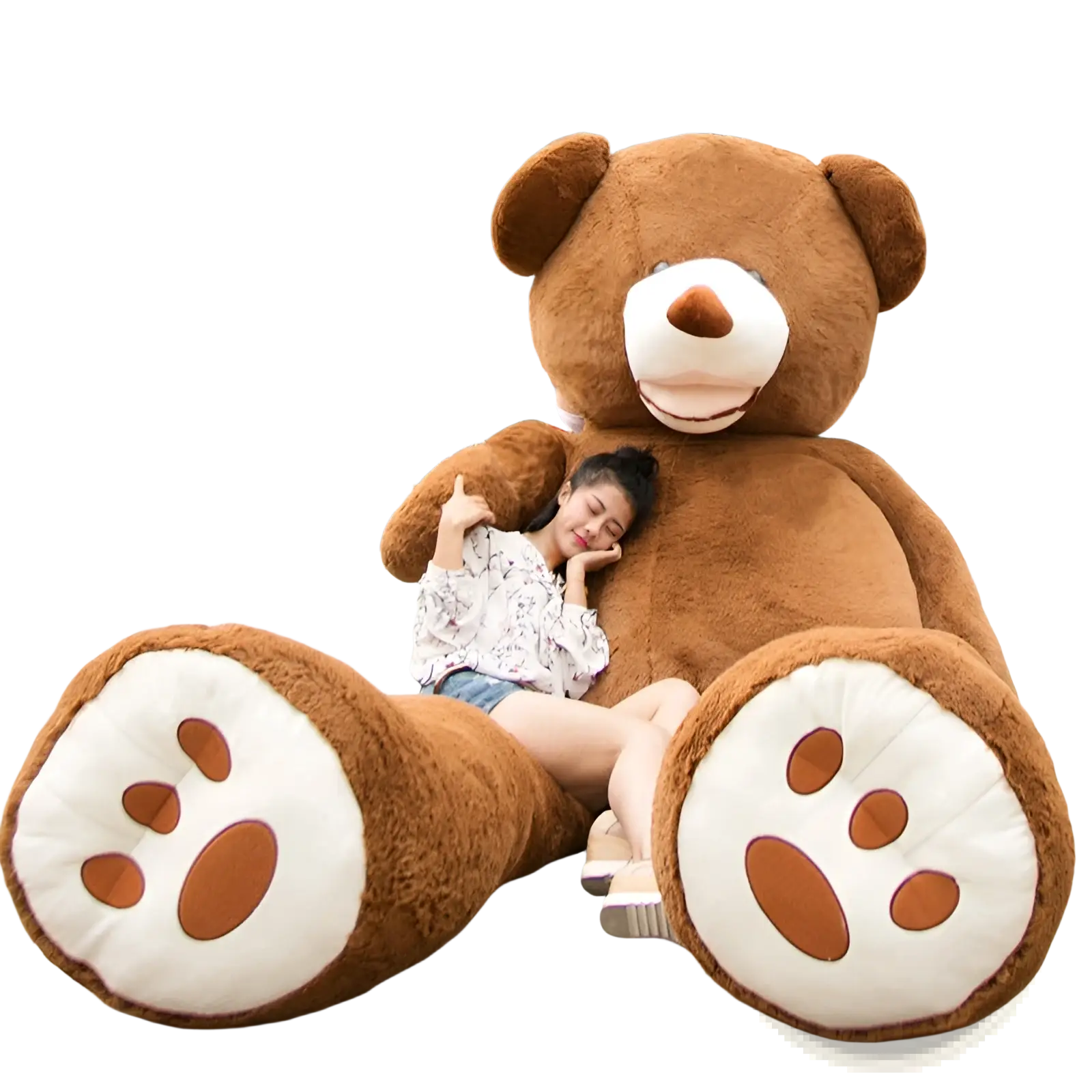 A plush brown giant teddy bear with white paw pads and a smiling face soft stuffed animal toy 1m 3.4m