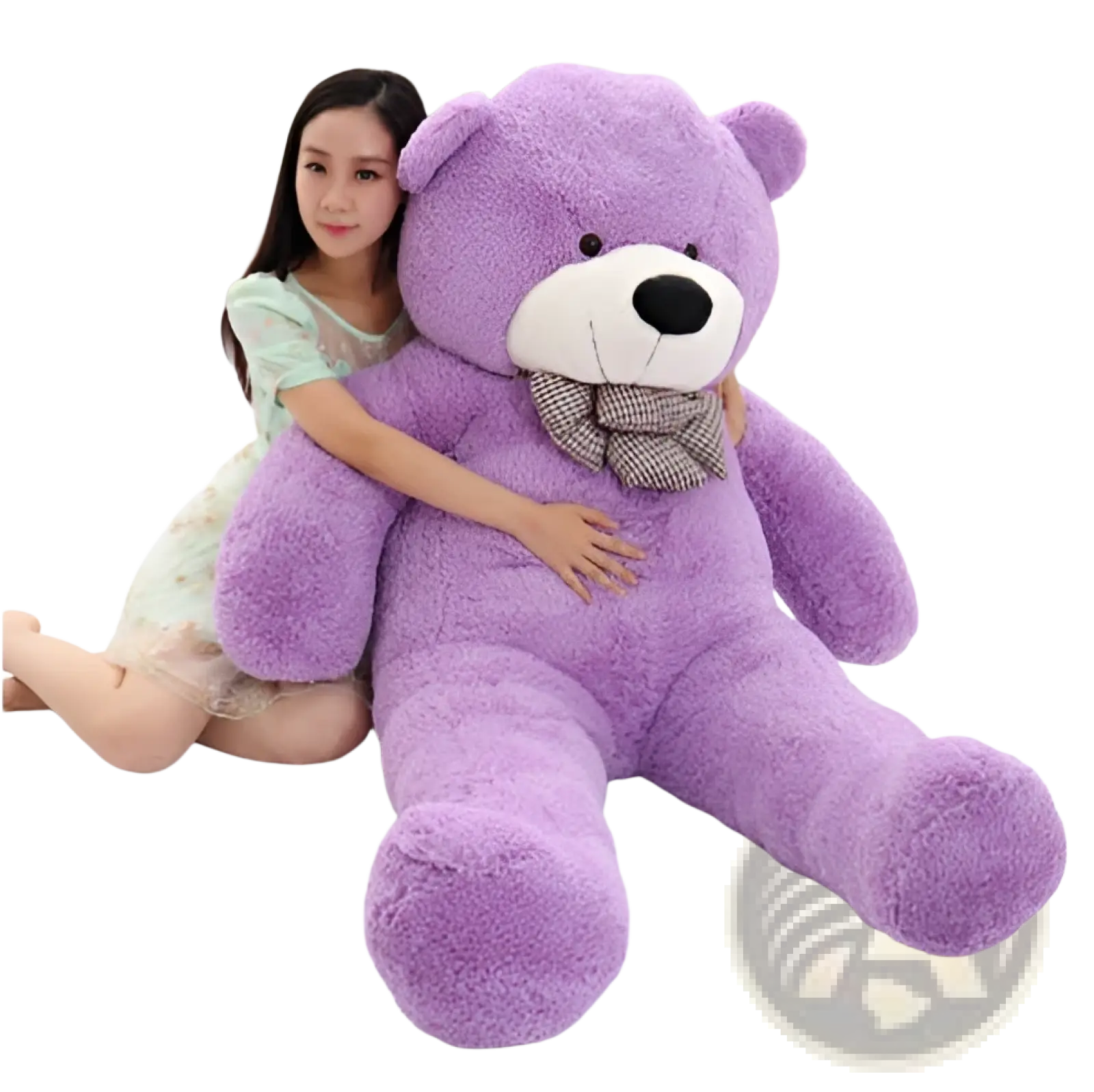 A plush purple giant teddy bear with a white snout, black nose, and checkered bow tie soft stuffed animal toy