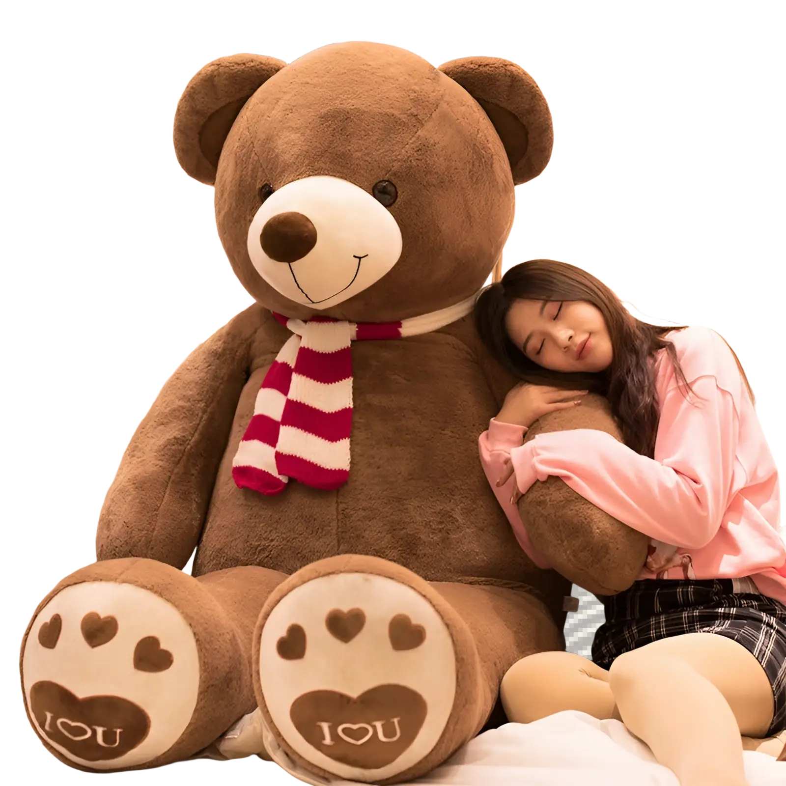 A plush brown giant teddy bear with a heart sweater, white snout, black button eyes, and paw pads with hearts and i love you text