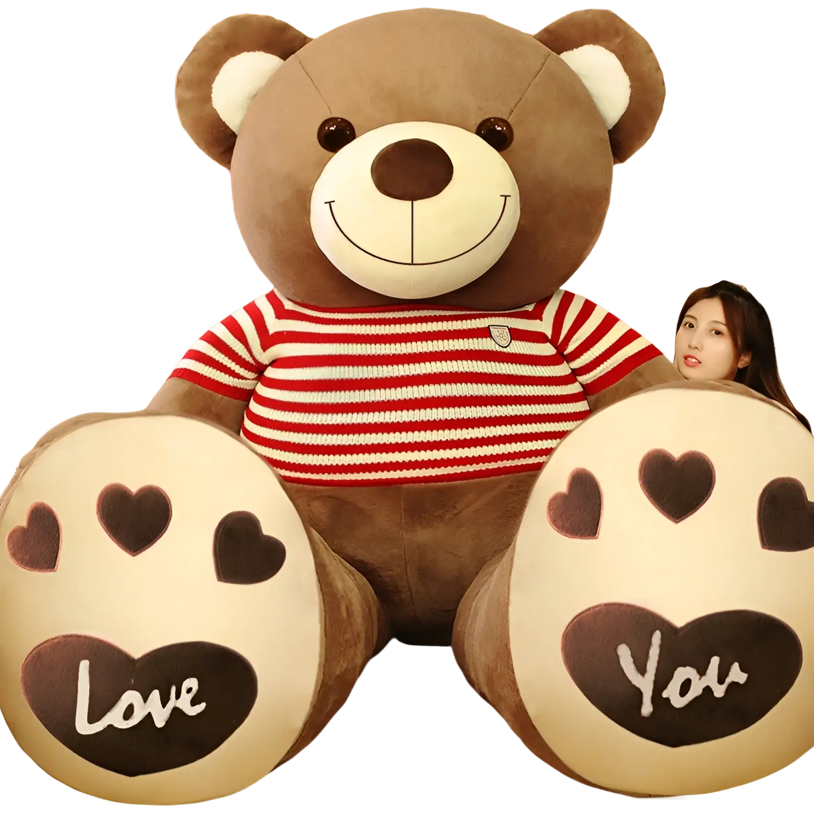 Giant plush brown teddy bear wearing a red and white striped sweater with love and you embroidered paws