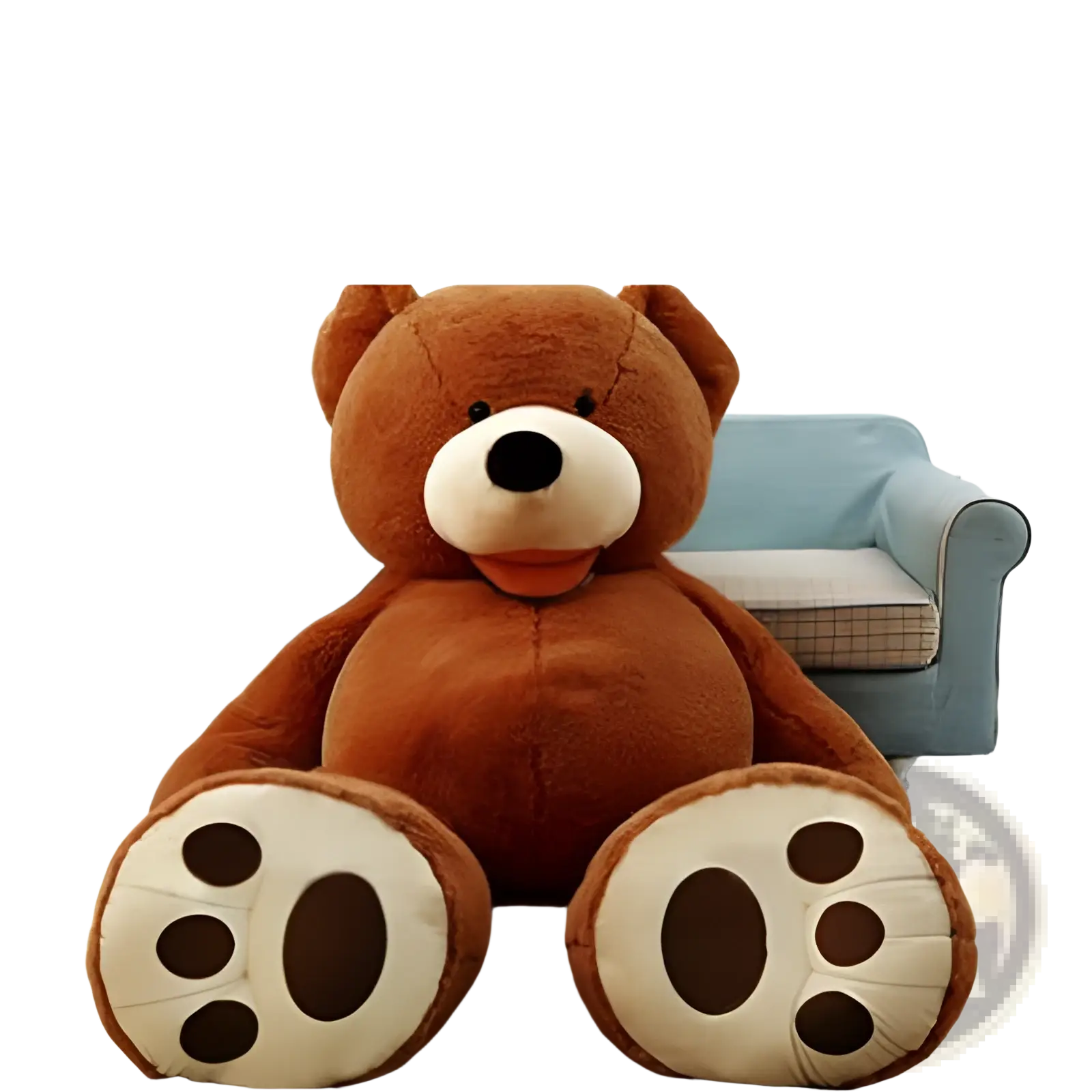 A plush brown giant teddy bear plush toy with cream snout and leather shell sits upright on the floor