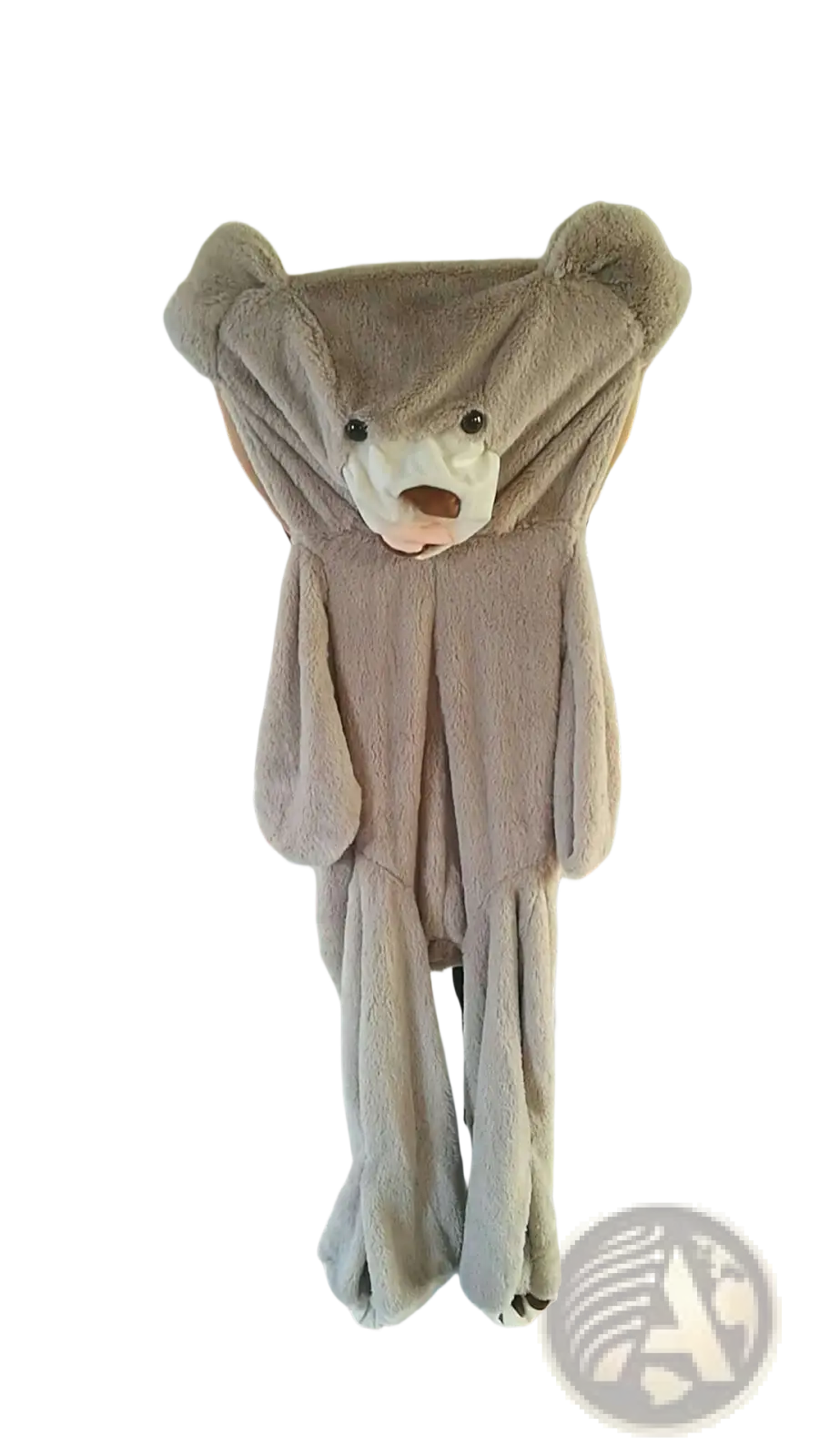 A plush taupe-colored giant teddy bear plush toy with a soft fuzzy texture and embroidered facial features