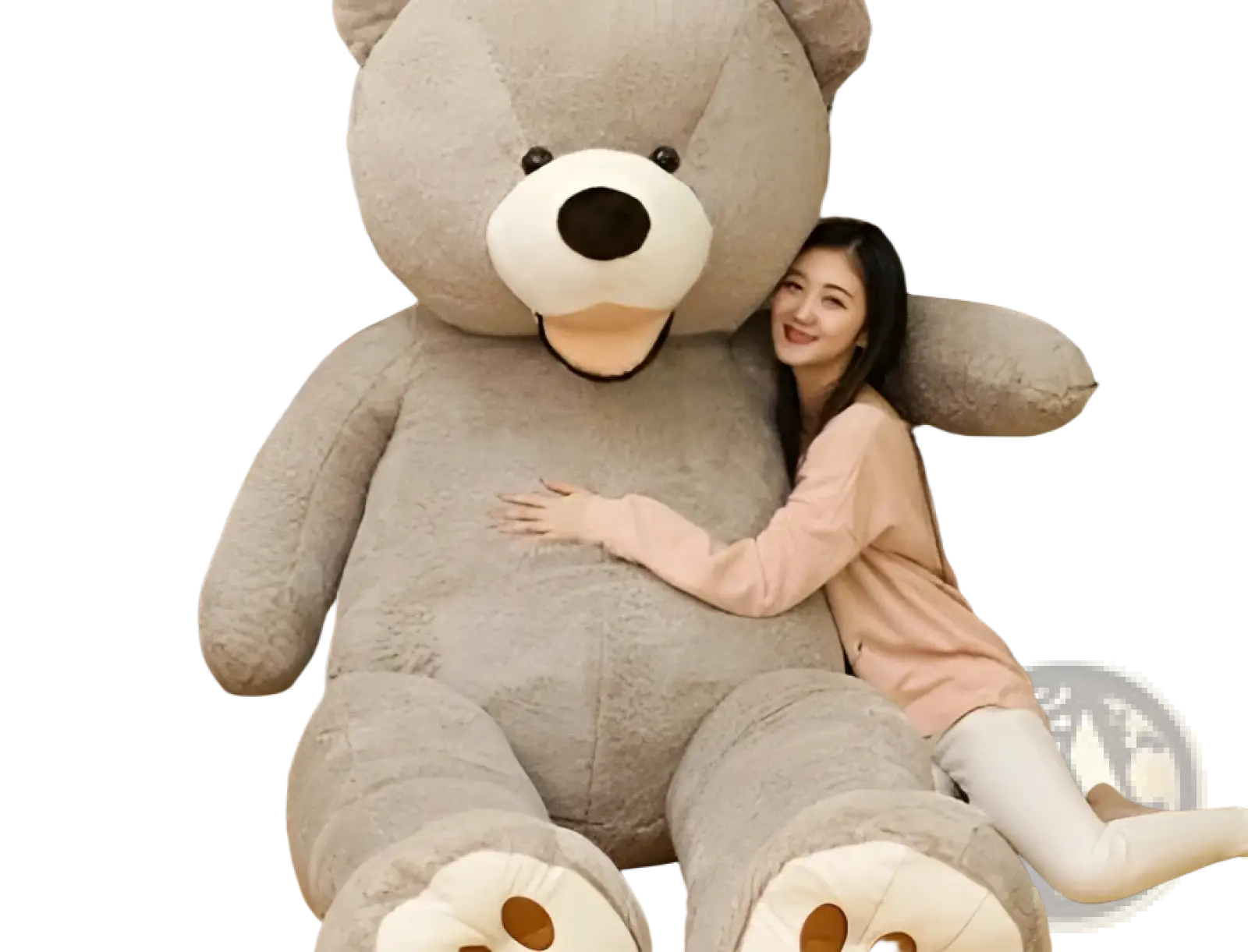 Giant teddy bear plush toy with unfilled leather shell, oversized, gray with white snout and black nose