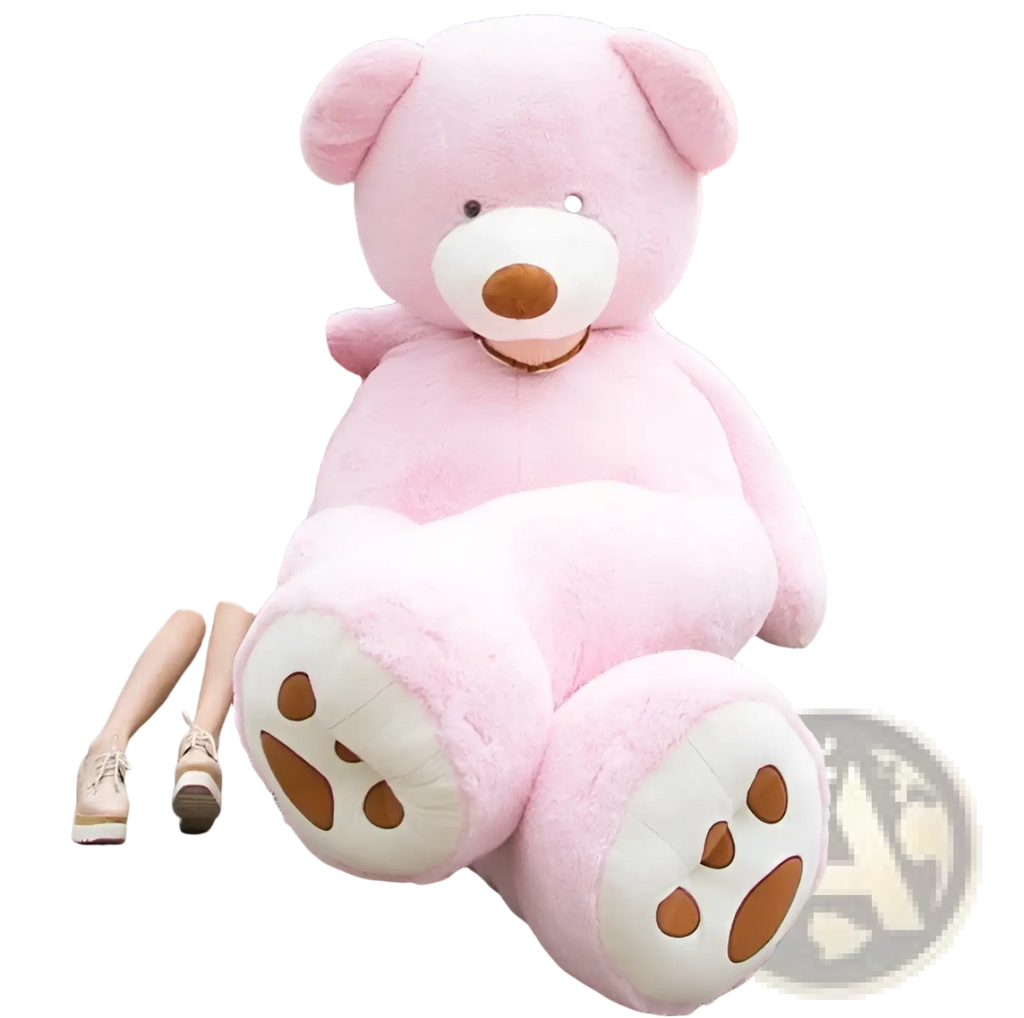 A plush pink giant teddy bear plush toy with white paws brown paw pads unfilled leather shell sitting on steps