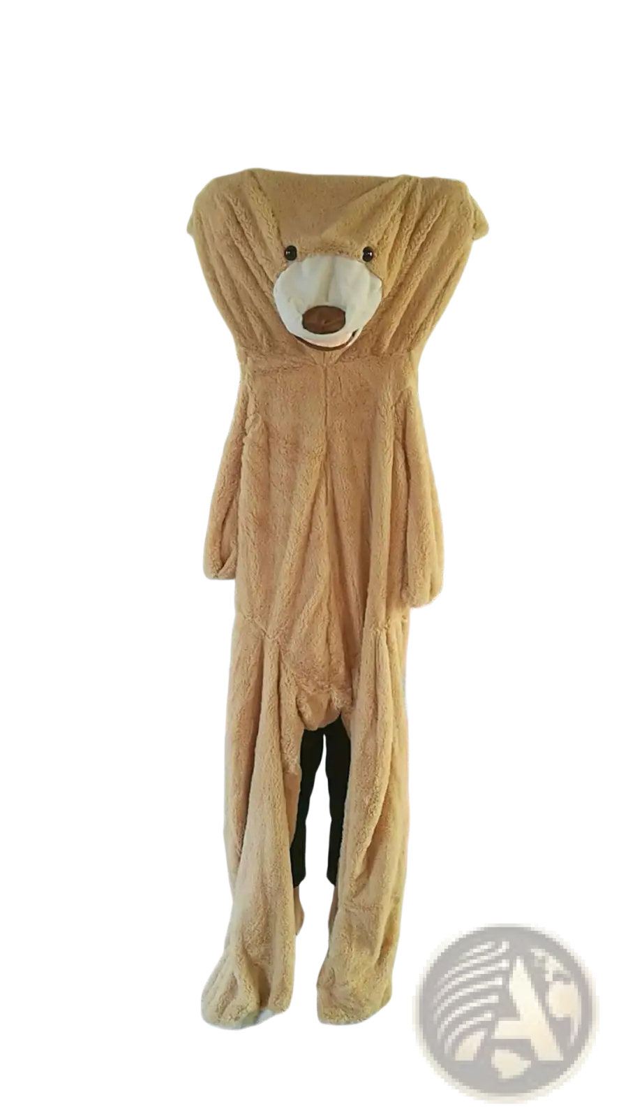 A plush tan-colored giant teddy bear plush toy unfilled leather shell with soft fuzzy texture and stitched facial features