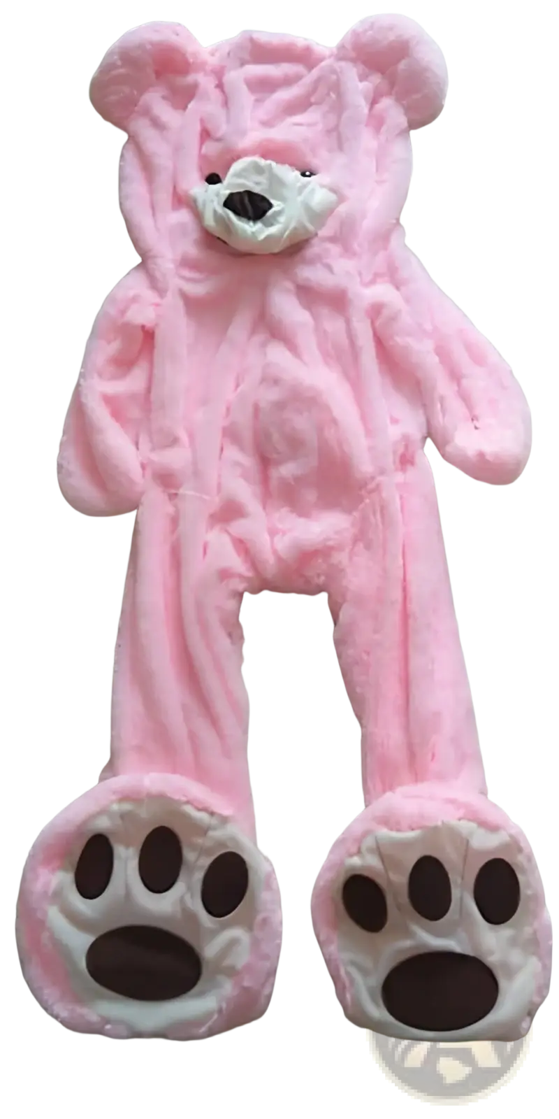 Giant pink plush teddy bear toy with white snout and brown paw pads unfilled leather shell plush stuffed animal
