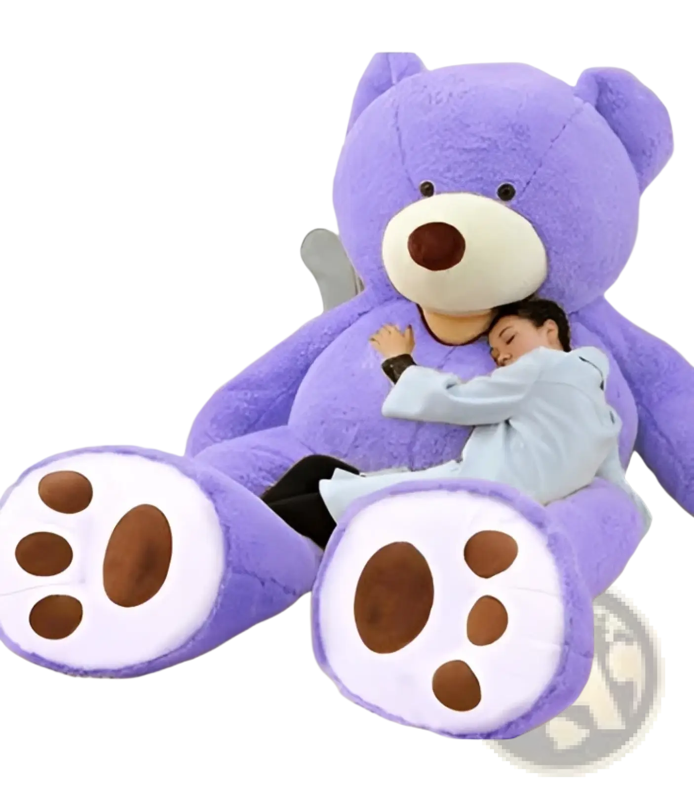A giant teddy bear plush toy unfilled leather shell with a plush purple body cream snout and brown paw pads
