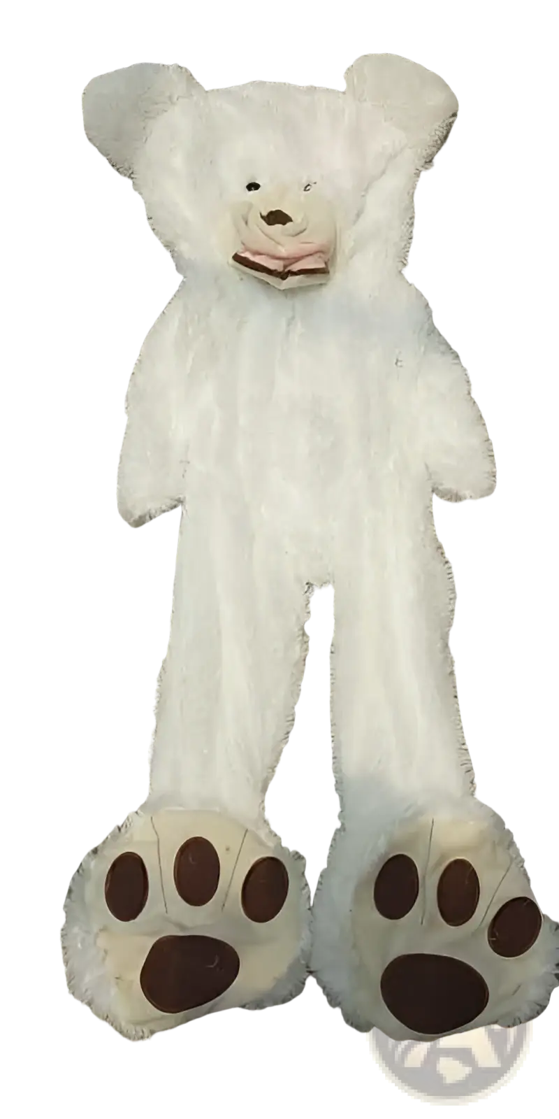 Giant teddy bear plush toy unfilled with a plush white fur costume, brown paw pads, and embroidered facial features