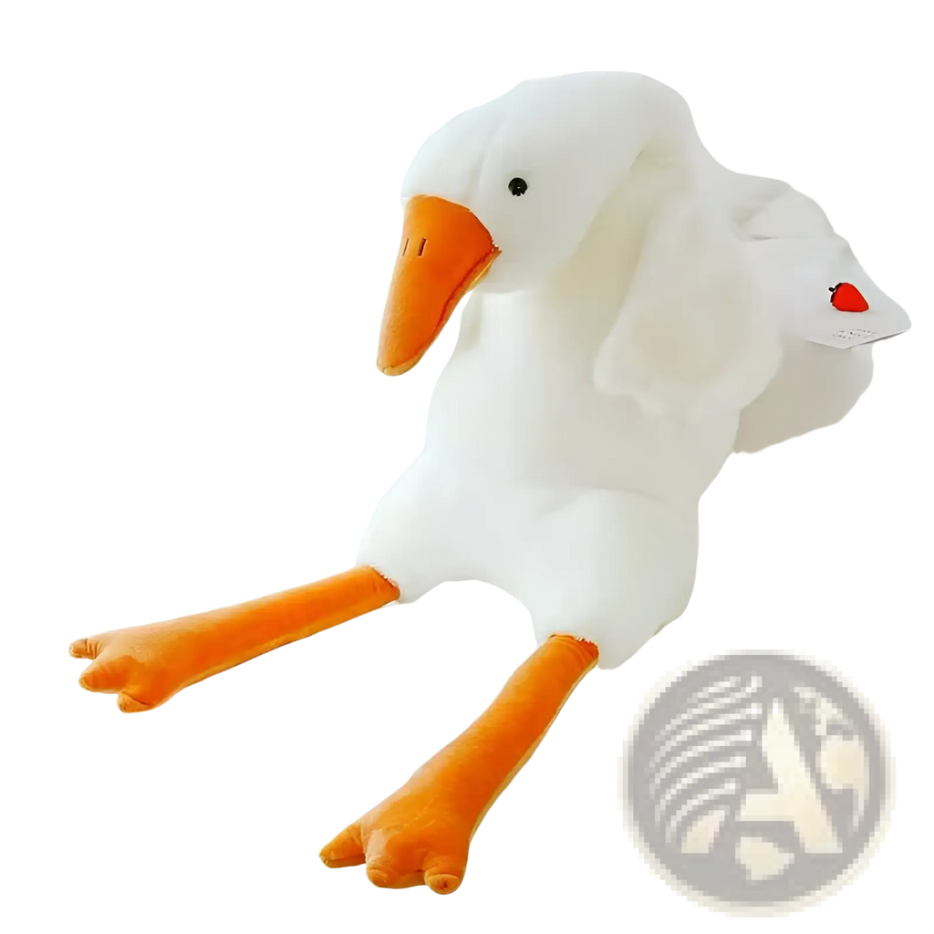 Giant white goose plush body pillow toy in plush material with orange beak and feet sitting upright