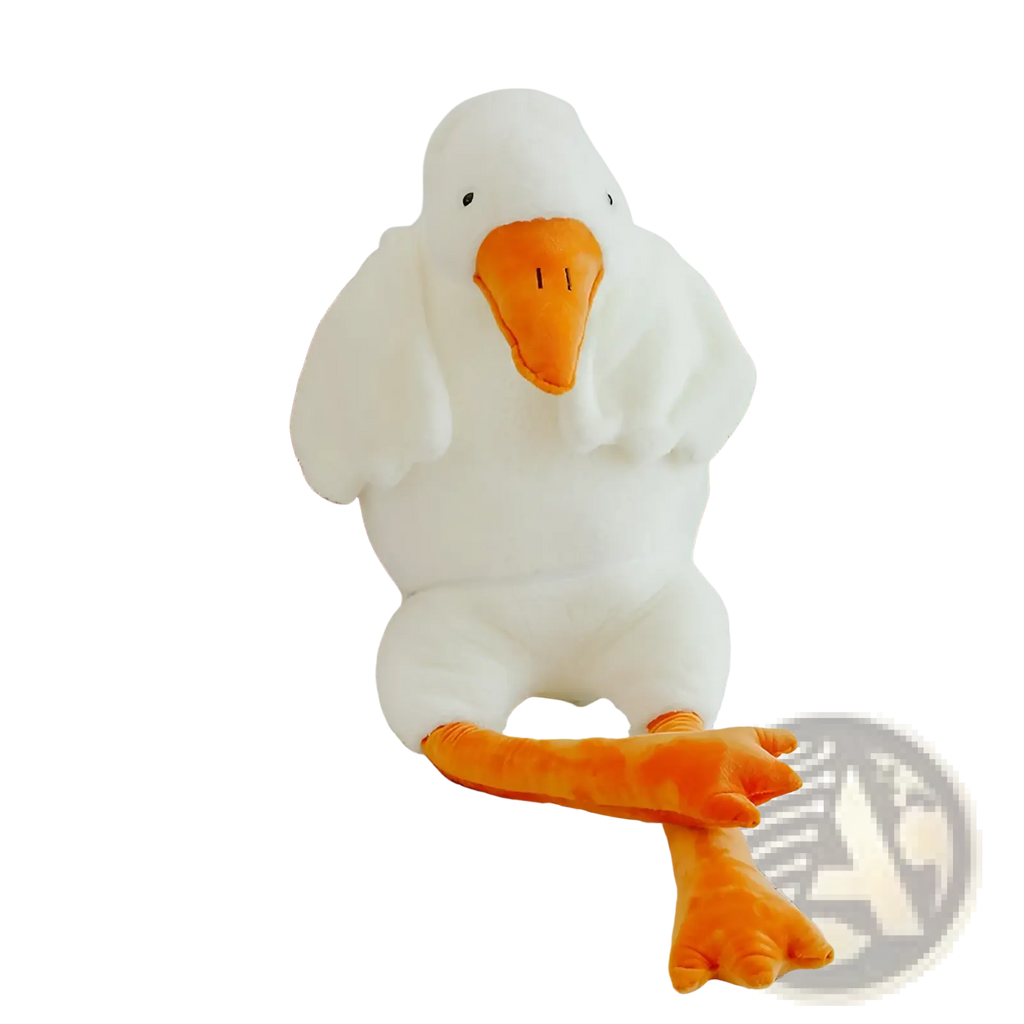 Giant white goose plush body pillow toy featuring a white plush duck with an orange beak and feet sitting on a bed