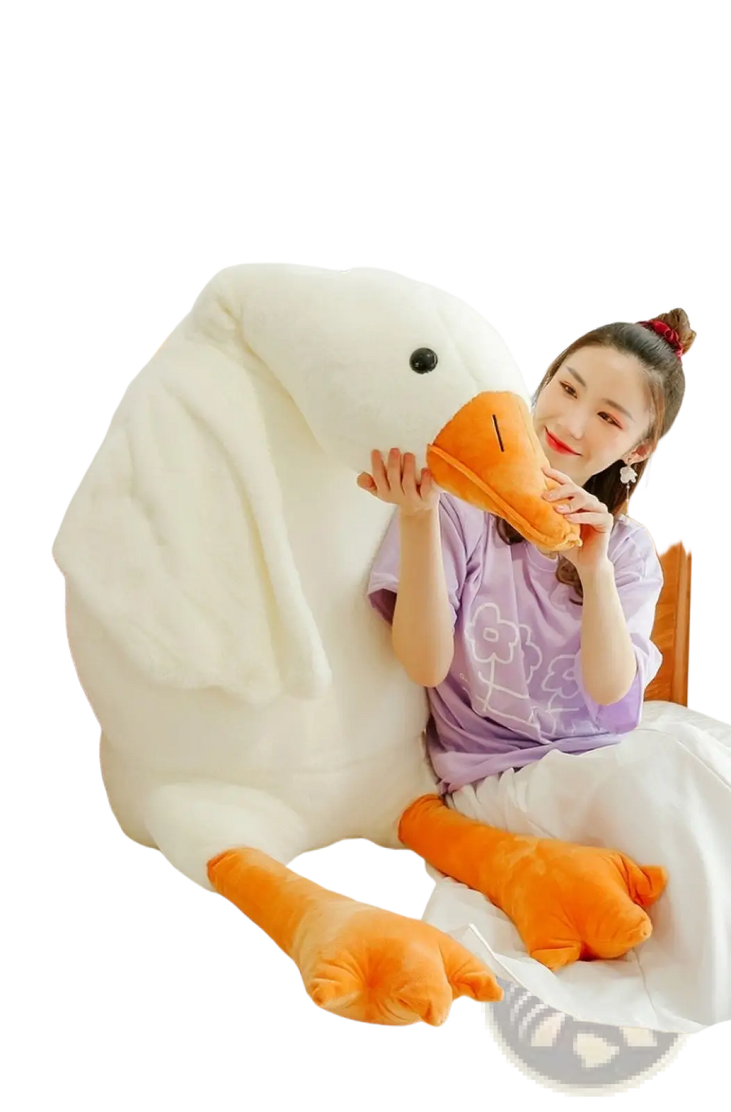 Giant white goose plush body pillow toy made of soft fabric with orange beak and feet