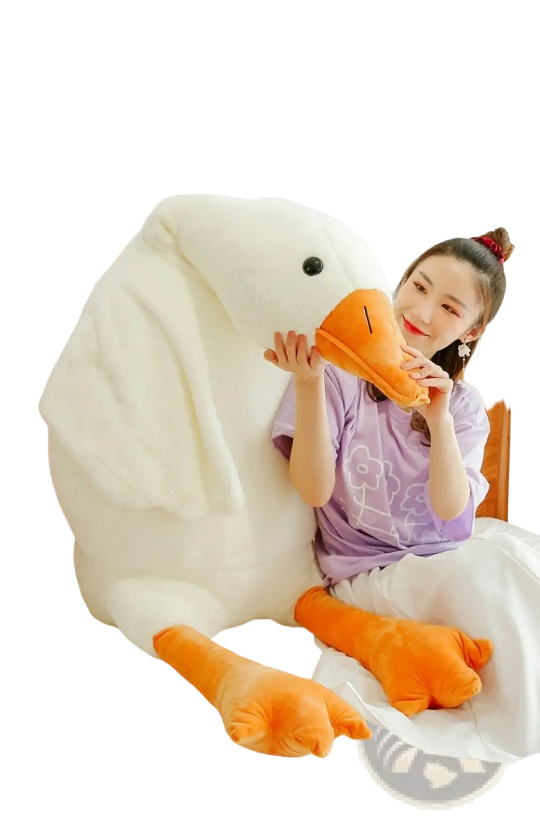 Giant white goose plush body pillow toy made of soft fabric with orange beak and feet