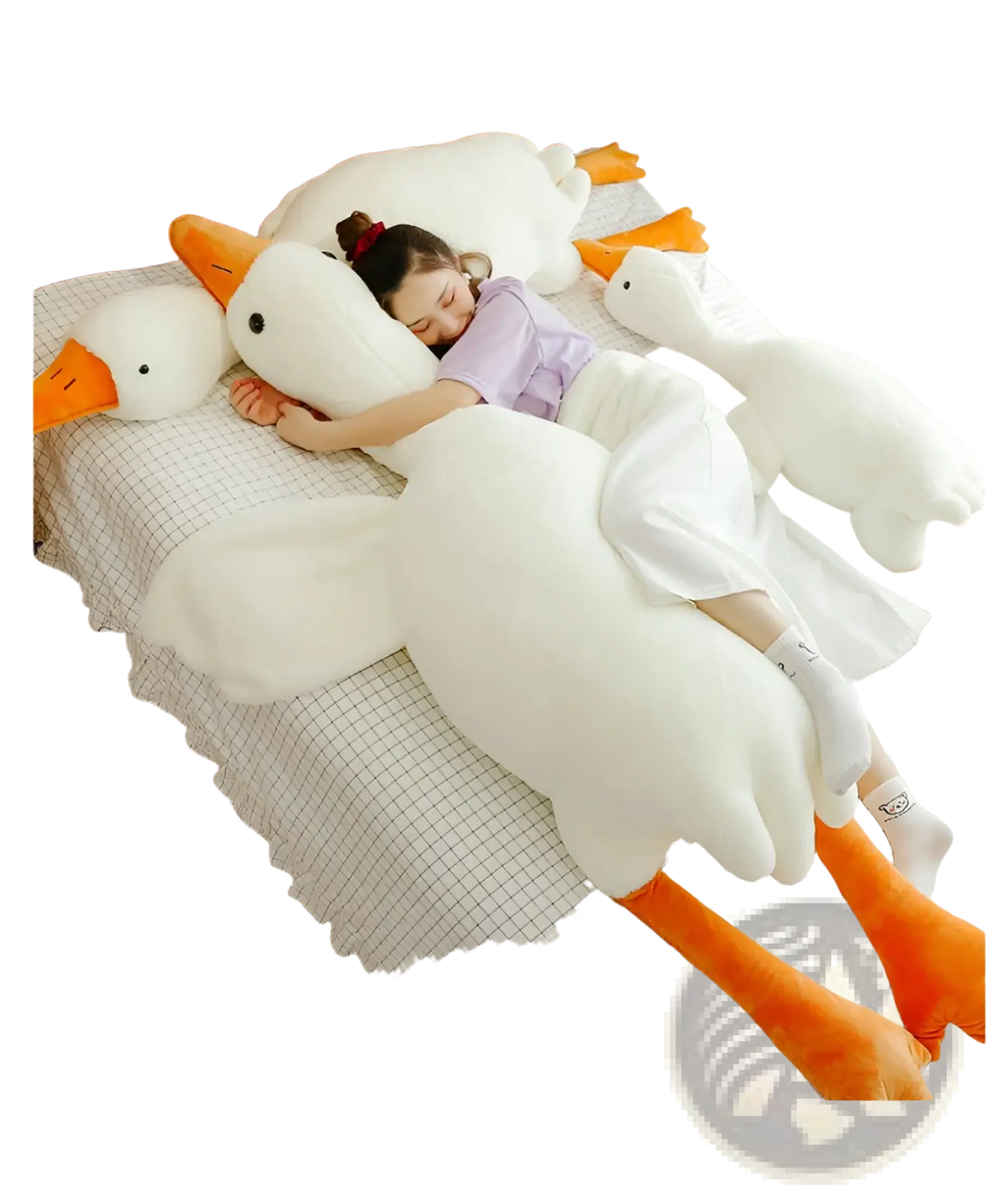 Giant white goose plush body pillow toy with soft fabric, orange beak, and feet for comfortable hugging