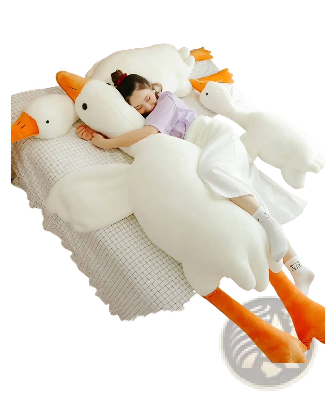 Giant white goose plush body pillow toy with soft fabric, orange beak, and feet for comfortable hugging